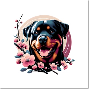 Rottweiler Enjoys Spring Amid Cherry Blossoms Posters and Art